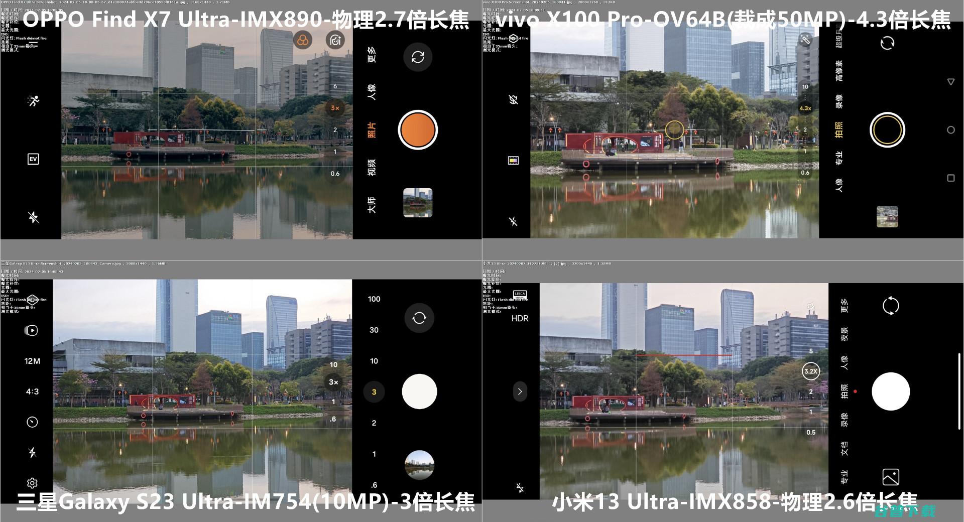 角度刁钻，OPPO Find X7 Ultra、vivo X100 Pro、小米13U和三星U取景框与高像素模式对比