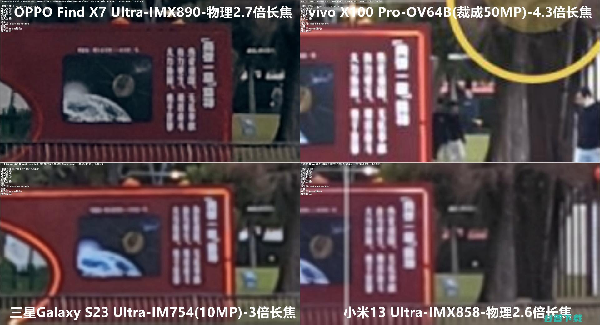 角度刁钻，OPPO Find X7 Ultra、vivo X100 Pro、小米13U和三星U取景框与高像素模式对比