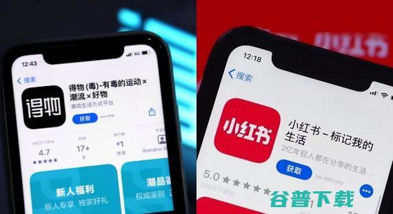 得物向左 ⼩红书向右