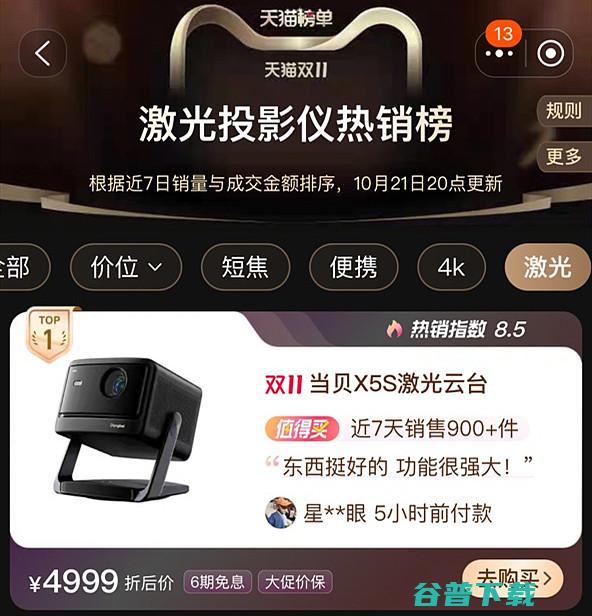 TOP1激光投影热销榜当贝X5S天猫双11热销位列钬